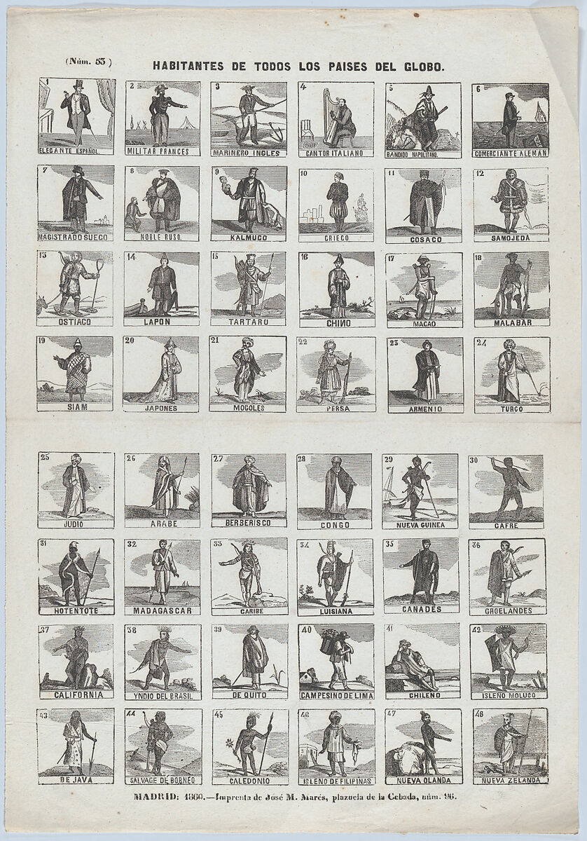 Broadside with 48 scenes depicting the people of the world, José María Marés (Spanish, active ca. 1850–70), Wood engraving 