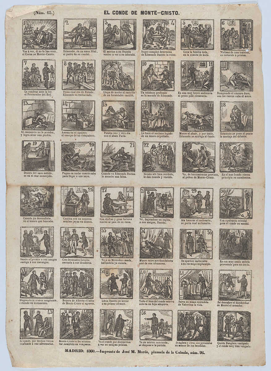Broadside with 48 scenes from the life of the Count of Monte Cristo, José María Marés (Spanish, active ca. 1850–70), Wood engraving 
