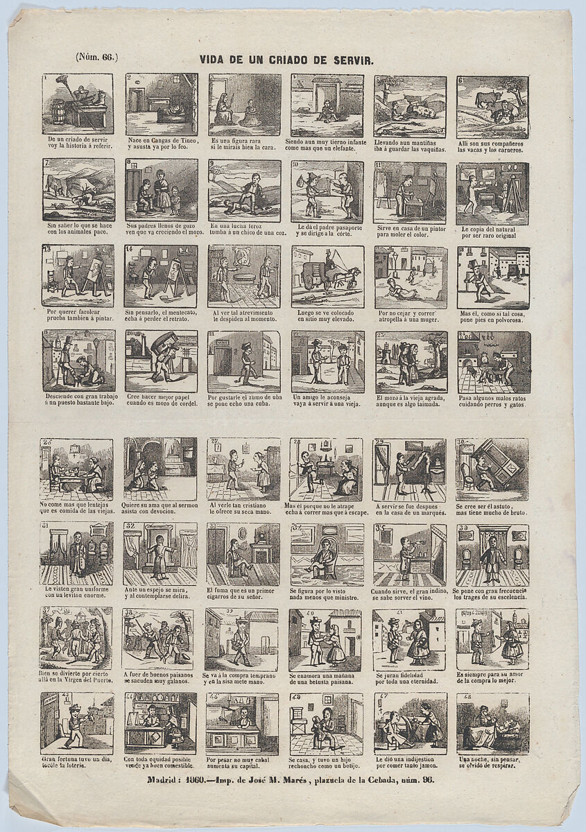 Broadside with 48 scenes from the life of a male servant, José María Marés (Spanish, active ca. 1850–70), Wood engraving 