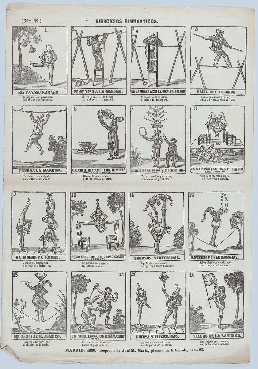 Broadside with 16 scenes showing gymnastic exercises, José María Marés (Spanish, active ca. 1850–70), Wood engraving 