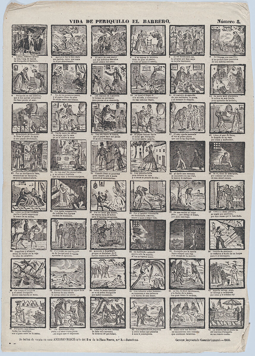 Broadside with 48 scenes from the life of Periquillo the Barber, Antonio Bosch (Spanish, active Barcelona, ca. 1860–1880), Wood engraving 