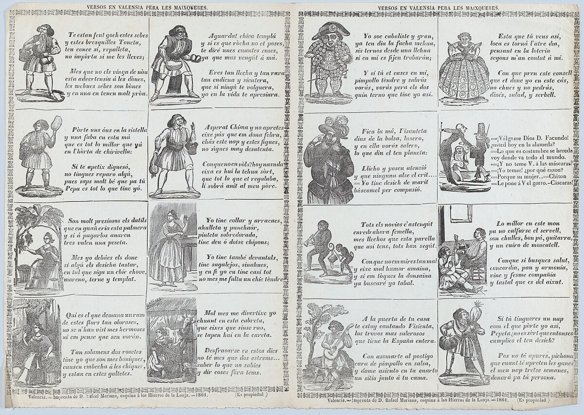 Two sheets (printed as one) with verses in Valencian for masquerades, Rafael Mariana (Spanish, Valencia, active 1860s), Wood engraving and letterpress 