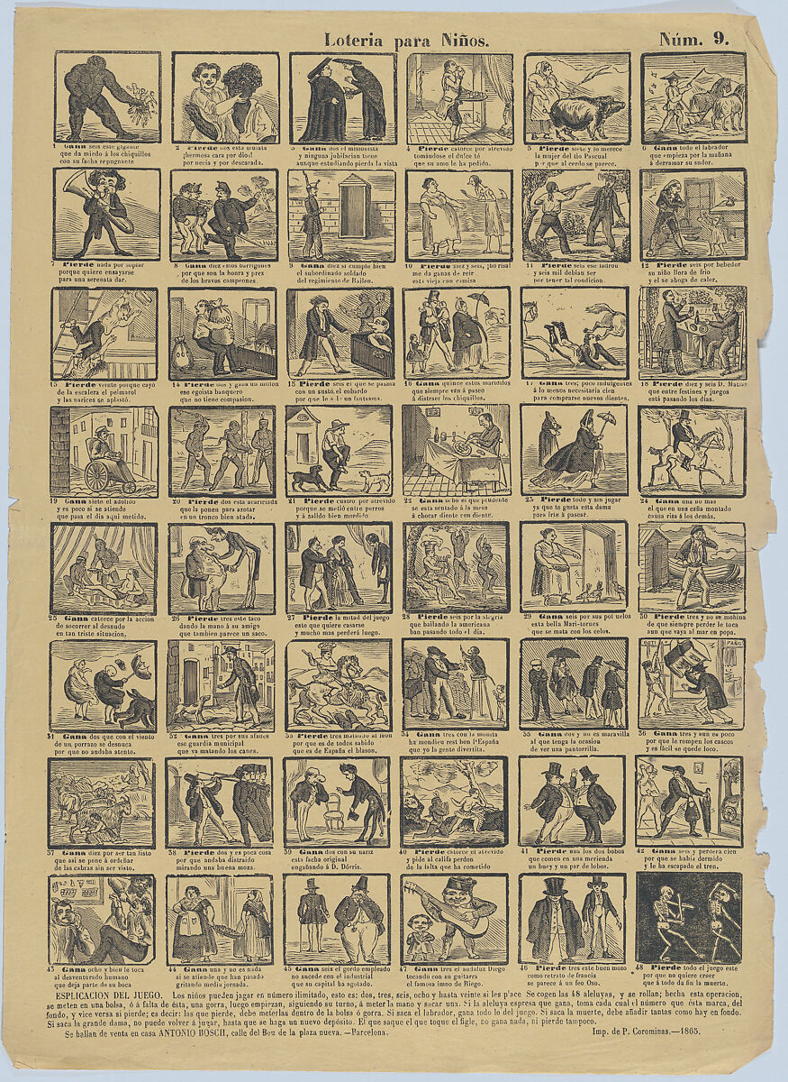A game for children with 48 scenes, Antonio Bosch (Spanish, active Barcelona, ca. 1860–1880), Wood engraving printed on orange paper 