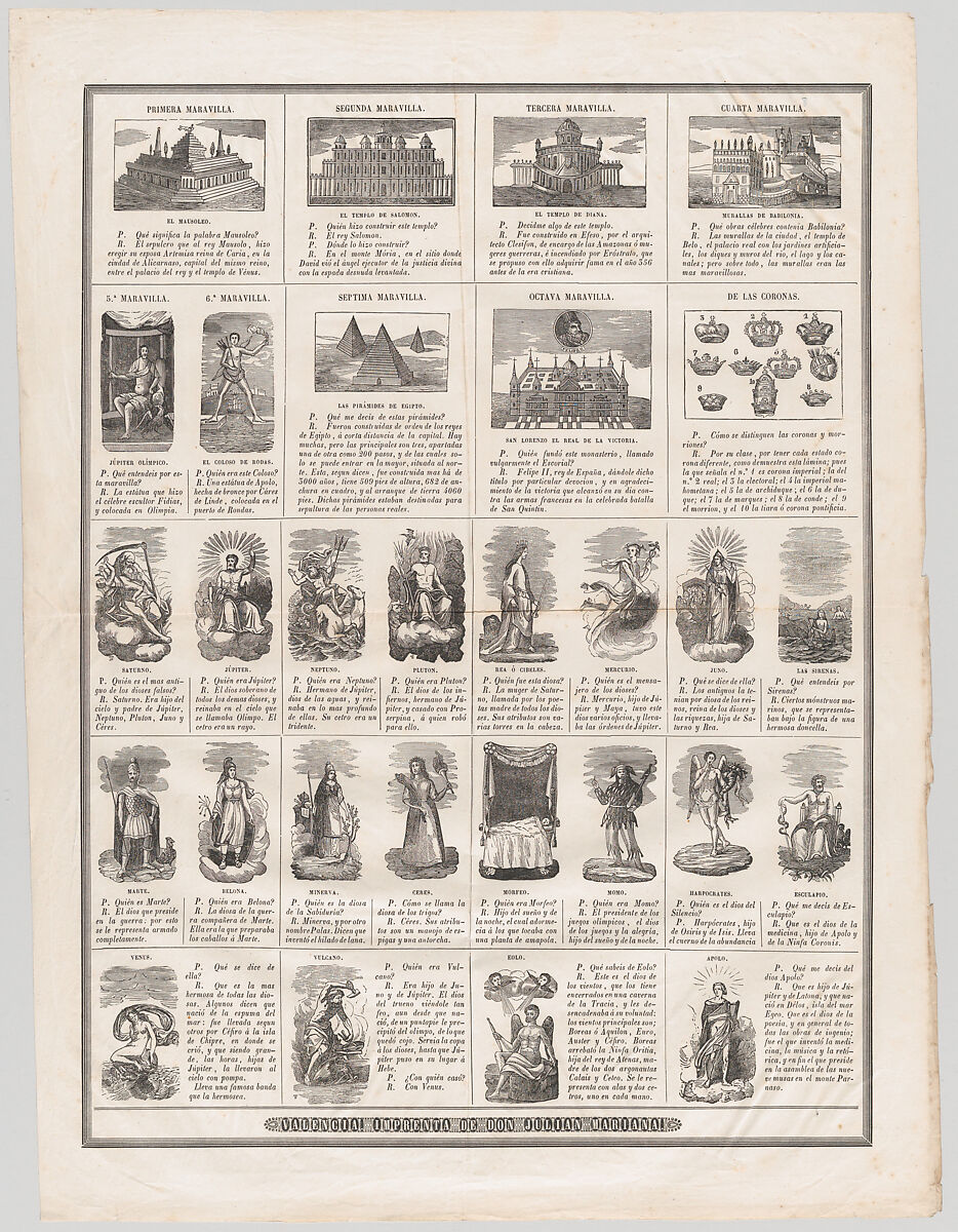 Eight wonders of the world and mythical Gods, Julian Mariana (Spanish, active Valencia, 1860s), Wood engraving and letterpress 