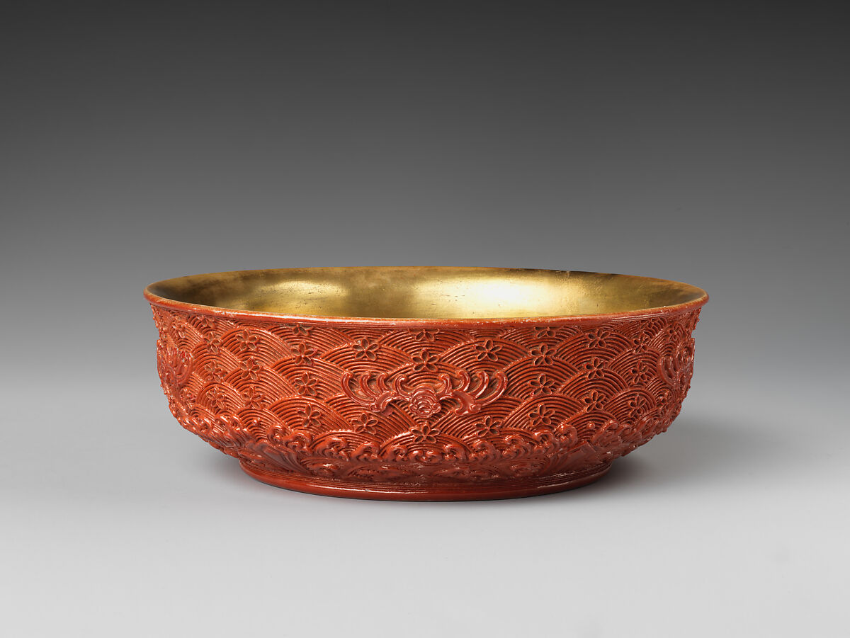 Bowl imitating carved lacquer, Porcelain with molded decoration and gilded interior (Jingdezhen ware), China