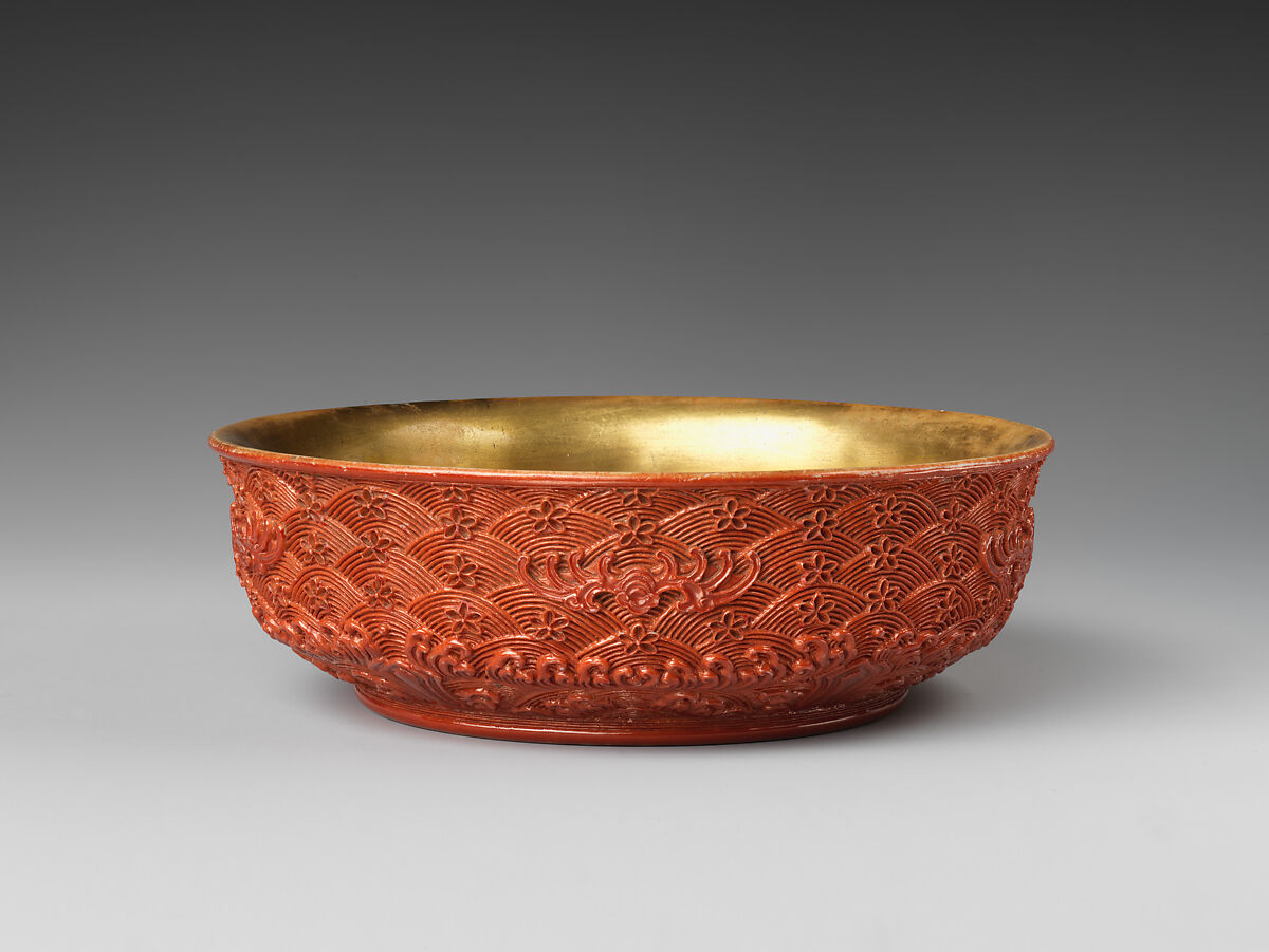 Bowl imitating carved lacquer, Porcelain with molded decoration and gilded interior (Jingdezhen ware), China