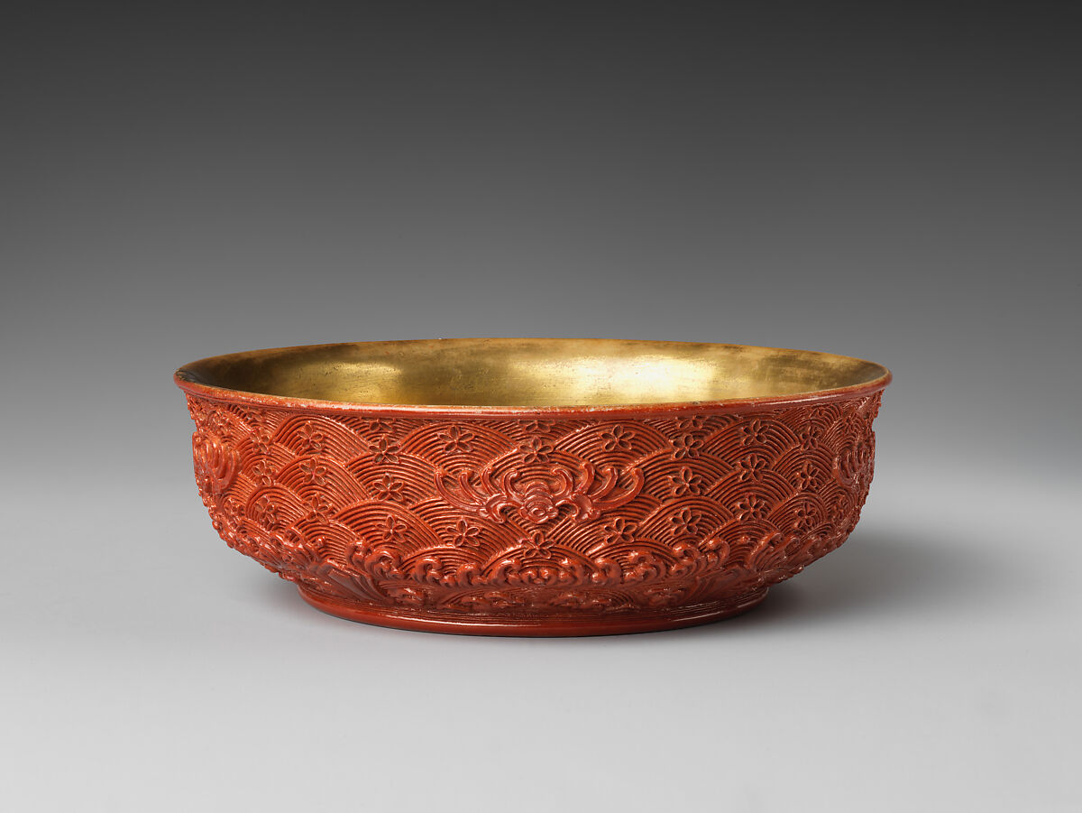 Bowl imitating carved lacquer, Porcelain with molded decoration and gilded interior (Jingdezhen ware), China