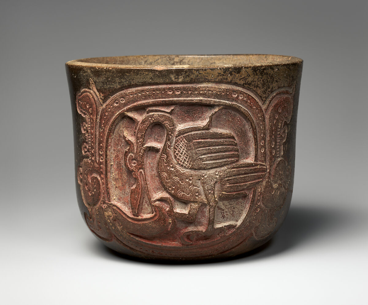 Vessel with water bird and hieroglyphic text, Ceramic, Maya 