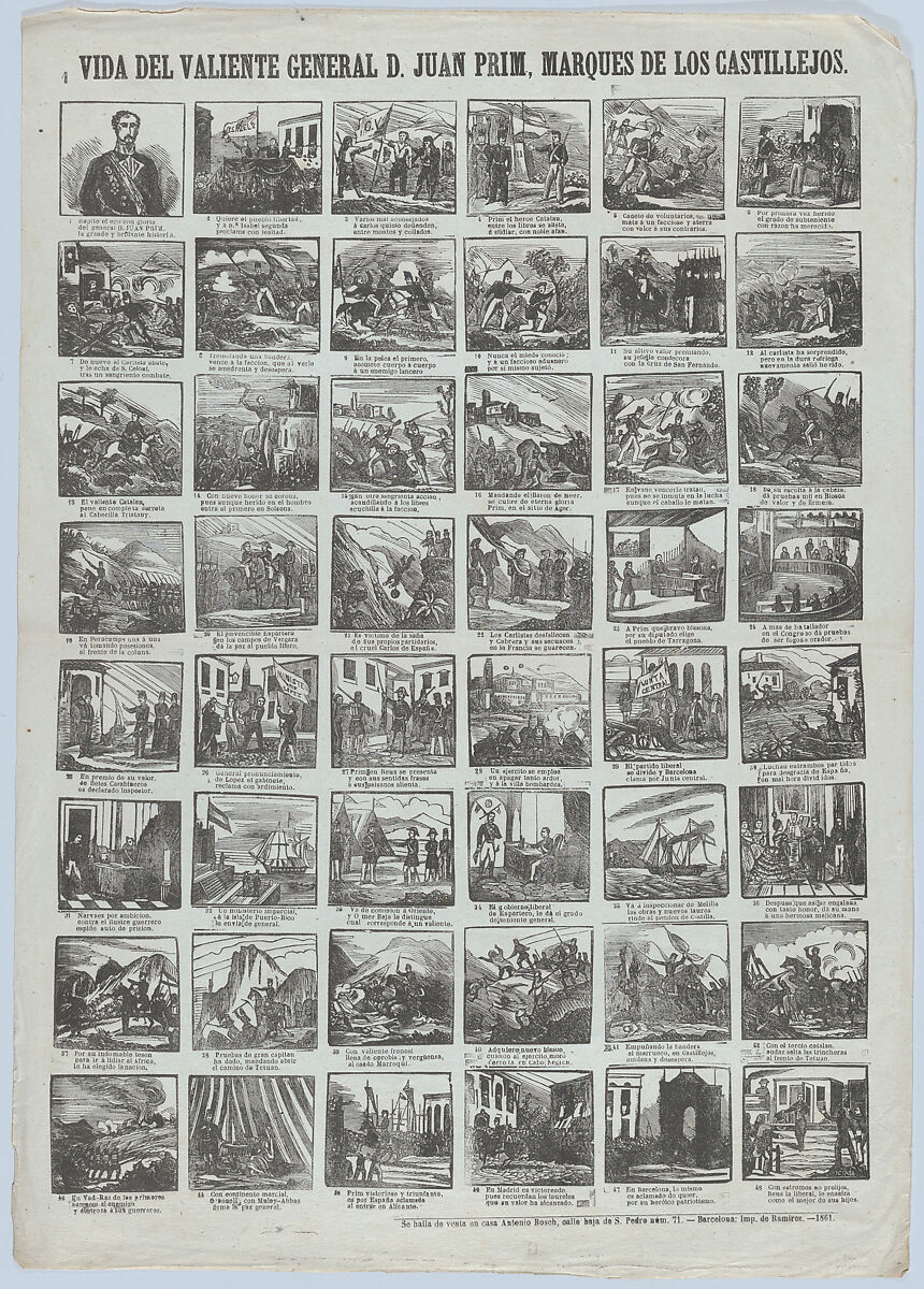 Broadside with 48 scenes relating to the life of General Juan Prim y Prats, 1st Marquis of Los Castillejos, Antonio Bosch (Spanish, active Barcelona, ca. 1860–1880), Wood engraving 