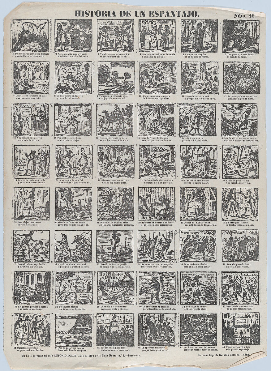 Broadside with 48 scenes relating to the story of a scarecrow, Antonio Bosch (Spanish, active Barcelona, ca. 1860–1880), Etching (photo relief?) 