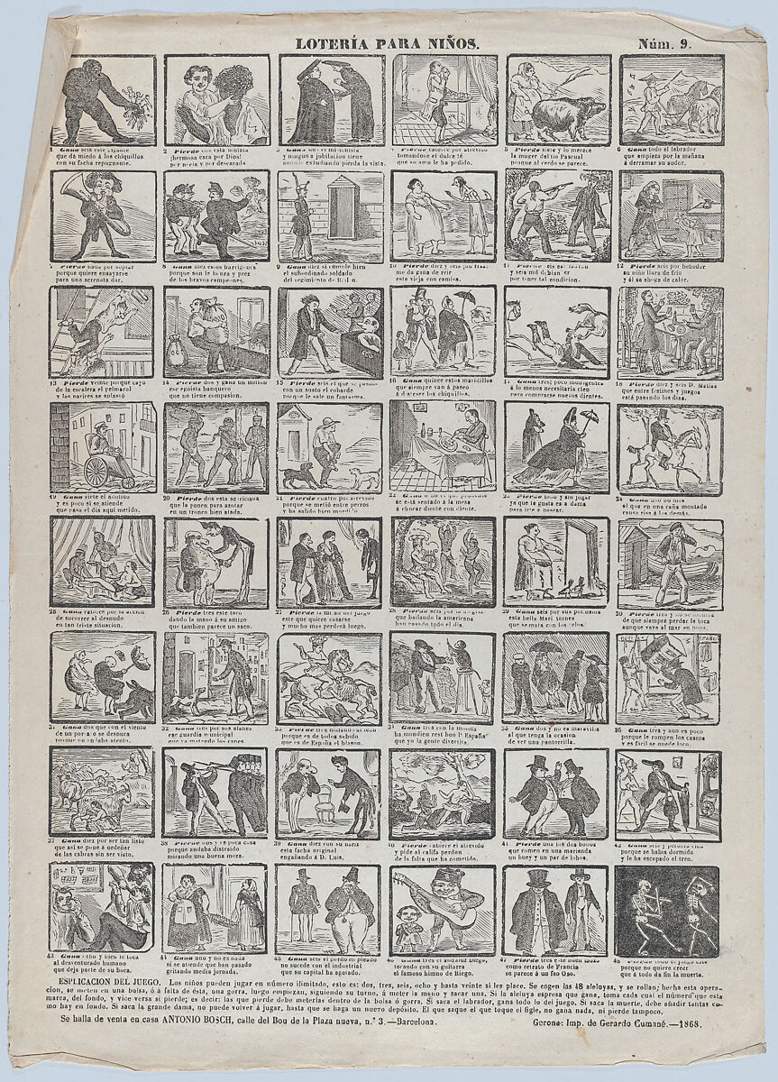 A game of lottery for children, Antonio Bosch (Spanish, active Barcelona, ca. 1860–1880), Etching (photo relief?) 