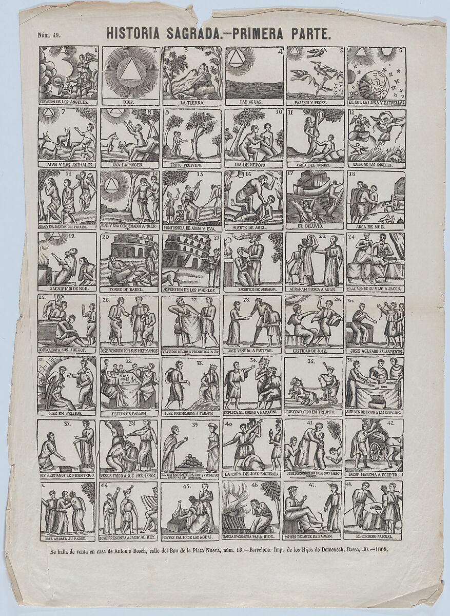 Broadside with 48 scenes illustrating passages of holy scripture (Part I), Antonio Bosch (Spanish, active Barcelona, ca. 1860–1880), Wood engraving 