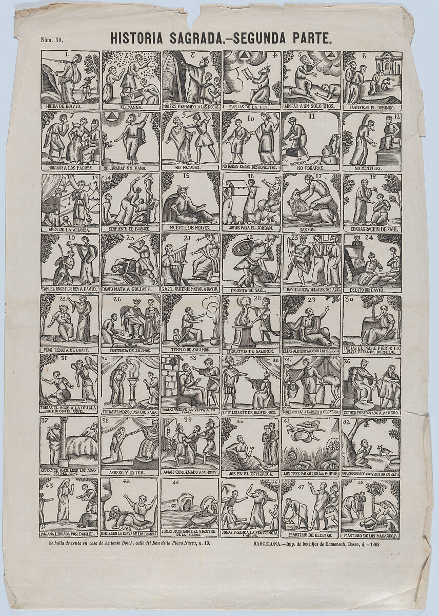 Broadside with 48 scenes illustrating passages of holy scripture (Part II), Antonio Bosch (Spanish, active Barcelona, ca. 1860–1880), Wood engraving 