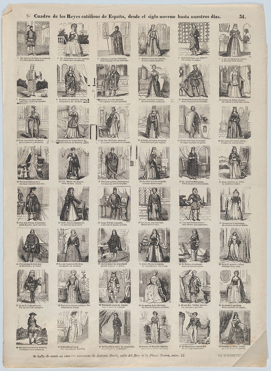 Broadside with 48 scenes depicting the kings and queens of Spain, Antonio Bosch (Spanish, active Barcelona, ca. 1860–1880), Wood engraving 