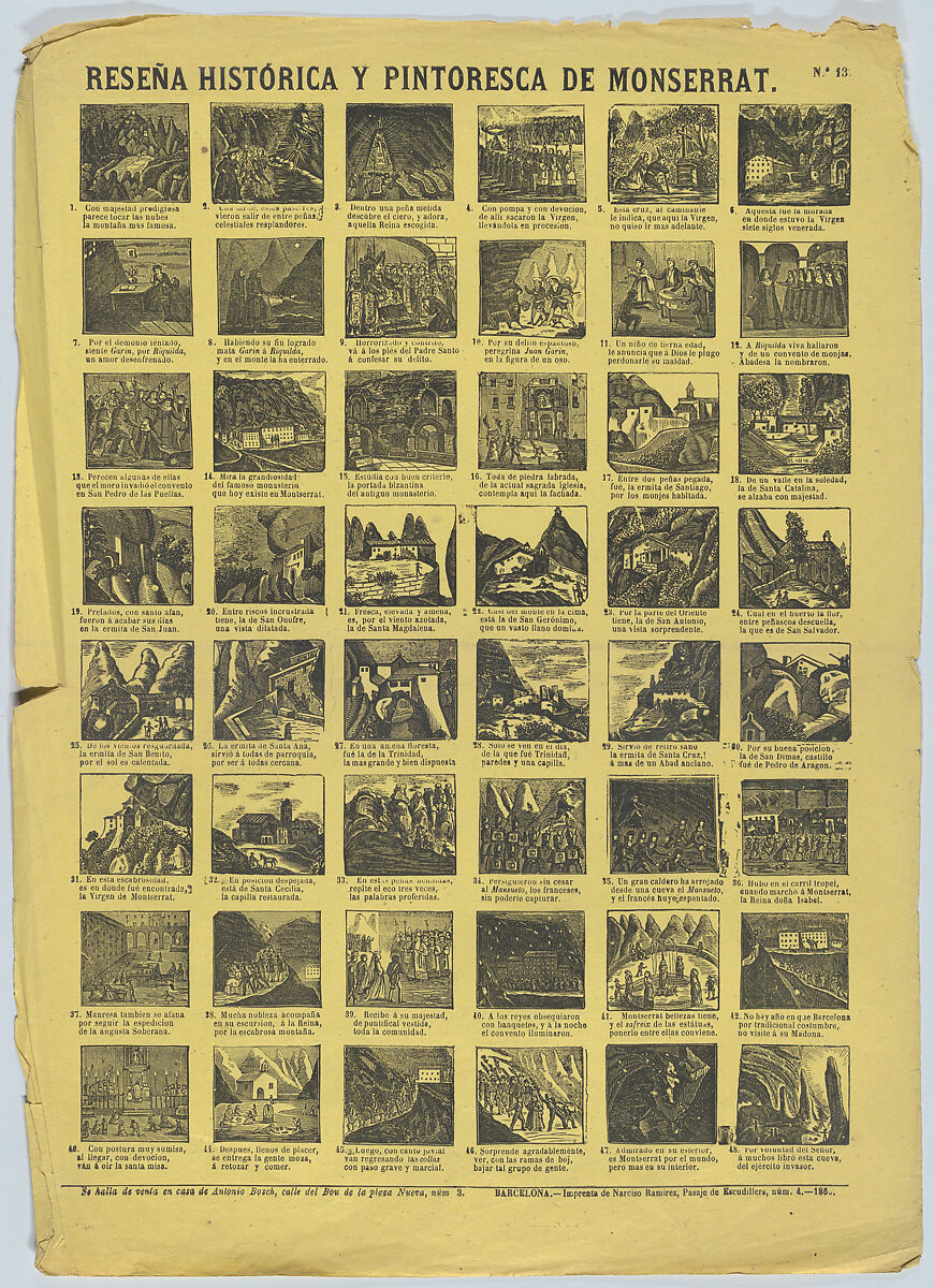 Broadside with 48 scenes depicting miracles and scenes associated by Monserrat (Barcelona), Antonio Bosch (Spanish, active Barcelona, ca. 1860–1880), Wood engraving on yellow paper 