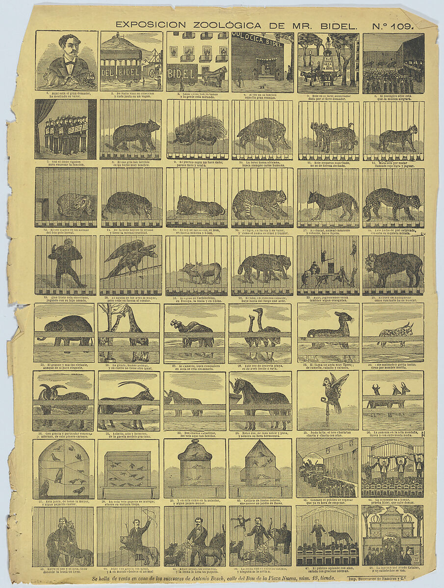 Broadside with 48 scenes depicting animals from Mr Bidel's zoo in Barcelona, Antonio Bosch (Spanish, active Barcelona, ca. 1860–1880), Wood engraving on yellow paper 