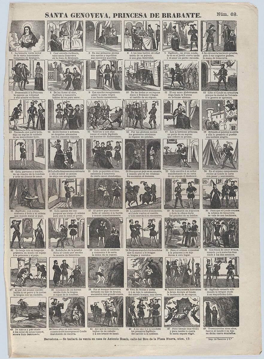 Broadside with 48 scenes depicting the life of Genevieve of Brabant, Antonio Bosch (Spanish, active Barcelona, ca. 1860–1880), Wood engraving 
