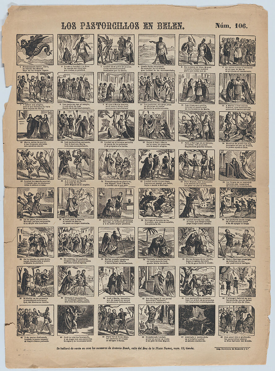 Broadside with 48 scenes relating to the nativity of Christ, Antonio Bosch (Spanish, active Barcelona, ca. 1860–1880), Wood engraving 