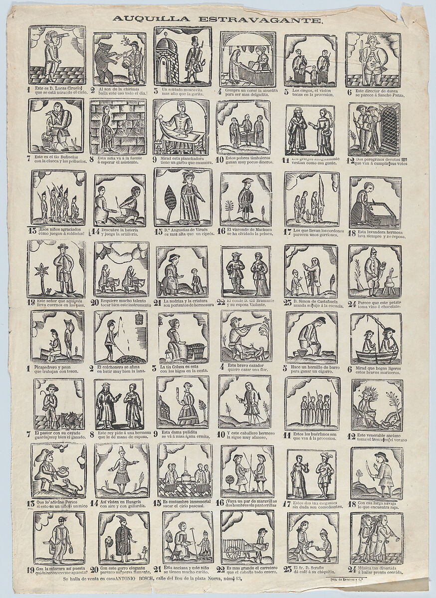 Broadside with 48 extraordinary scenes, Antonio Bosch (Spanish, active Barcelona, ca. 1860–1880), Wood engraving 