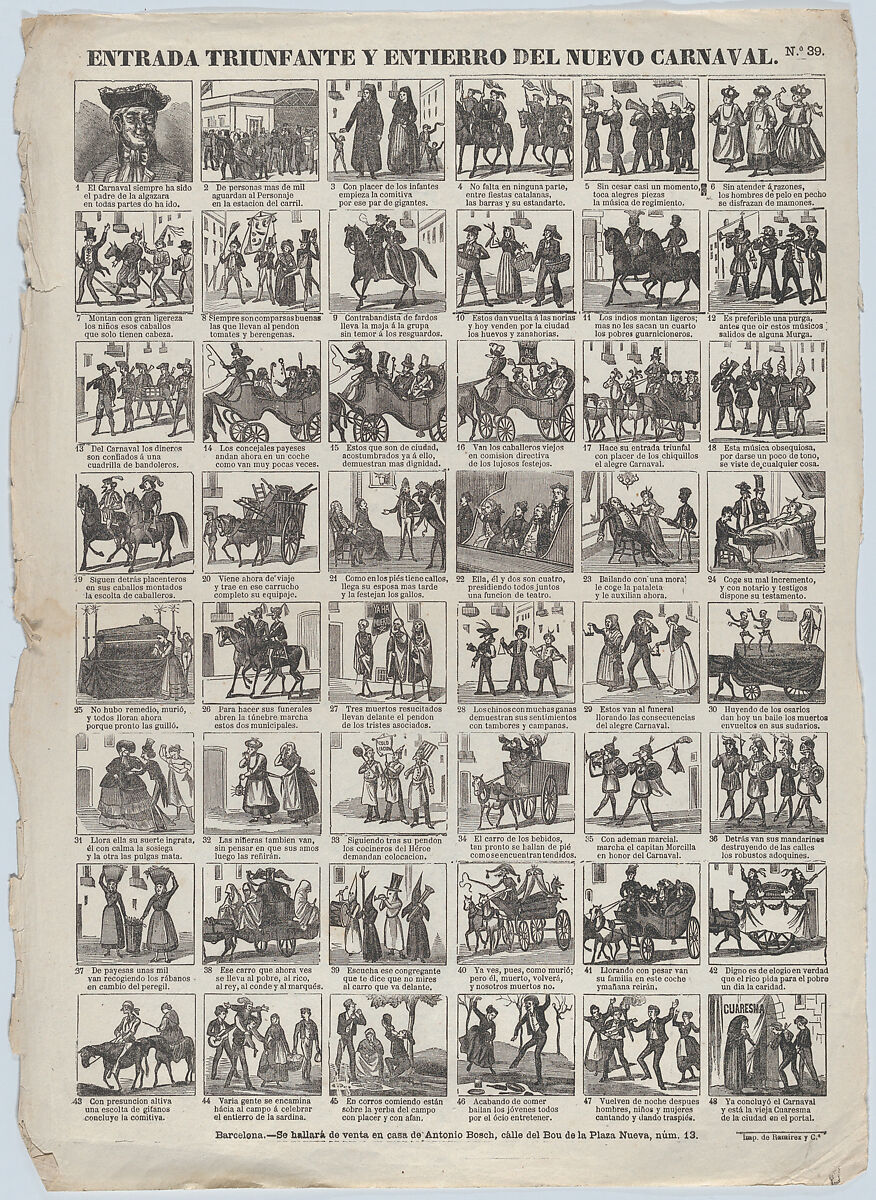 Broadside with 48 scenes relating to carnival in Barcelona, Antonio Bosch (Spanish, active Barcelona, ca. 1860–1880), Wood engraving 