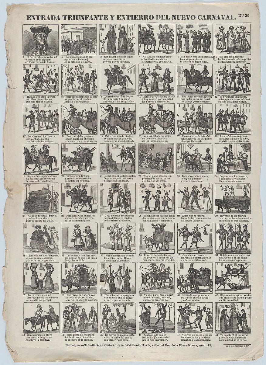 Antonio Bosch | Broadside with 48 scenes relating to carnival in ...