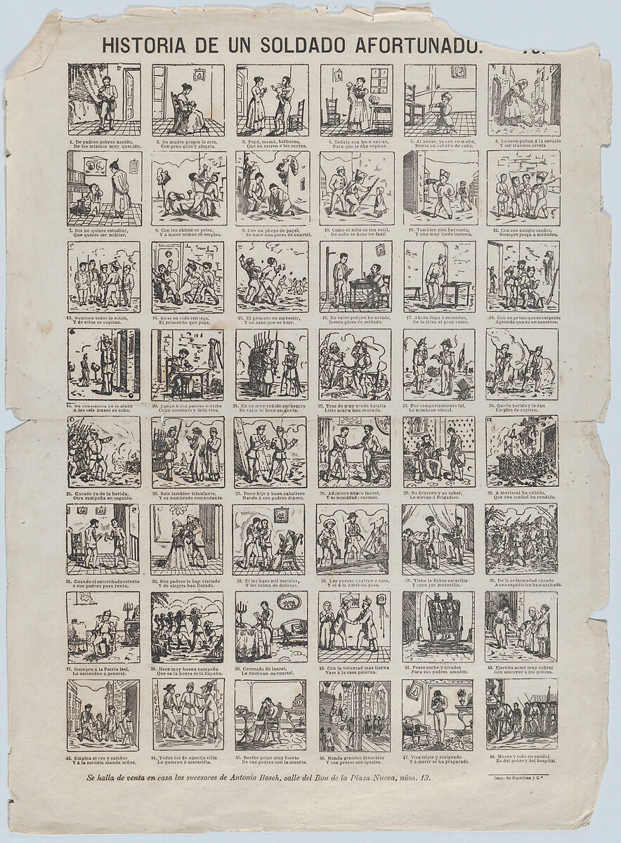 Broadside with 48 scenes relating to the life of the lucky soldier, Antonio Bosch (Spanish, active Barcelona, ca. 1860–1880), Etching (?photo relief); damaged impression 