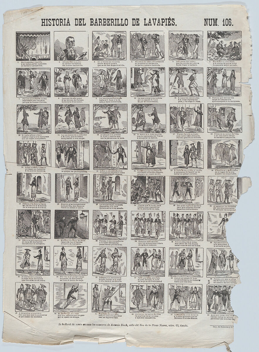 Broadside with 48 scenes relating to the zarzuela barberillo of Lavapiés, Antonio Bosch (Spanish, active Barcelona, ca. 1860–1880), Wood engraving; damaged impression 