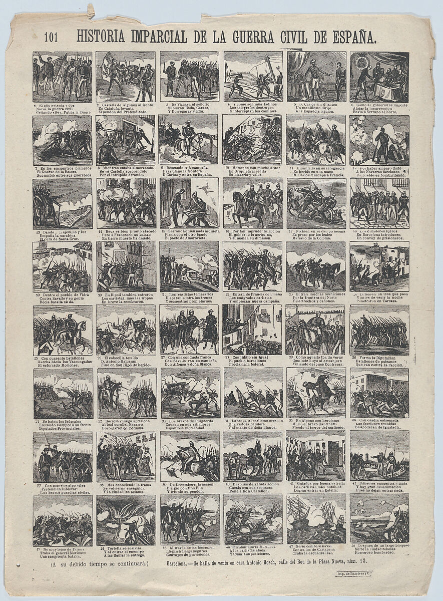 Broadside with 48 scenes telling the 'impartial' story of the civil war in Spain (Part 1), Antonio Bosch (Spanish, active Barcelona, ca. 1860–1880), Wood engraving 