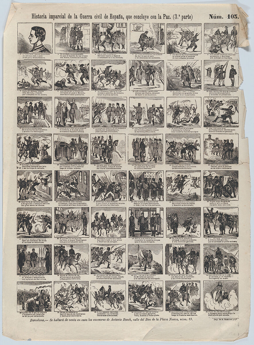 Broadside with 48 scenes telling the 'impartial' story of the civil war in Spain (Part 3), Antonio Bosch (Spanish, active Barcelona, ca. 1860–1880), Wood engraving 