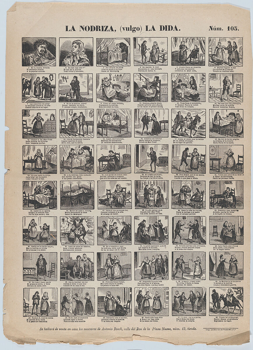 Broadside with 48 scenes relating to the nurse, Antonio Bosch (Spanish, active Barcelona, ca. 1860–1880), Wood engraving 