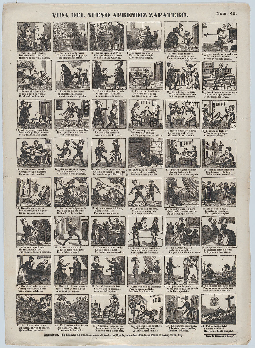 Broadside with 48 scenes relating to life of the apprentice shoemaker, Antonio Bosch (Spanish, active Barcelona, ca. 1860–1880), Wood engraving 