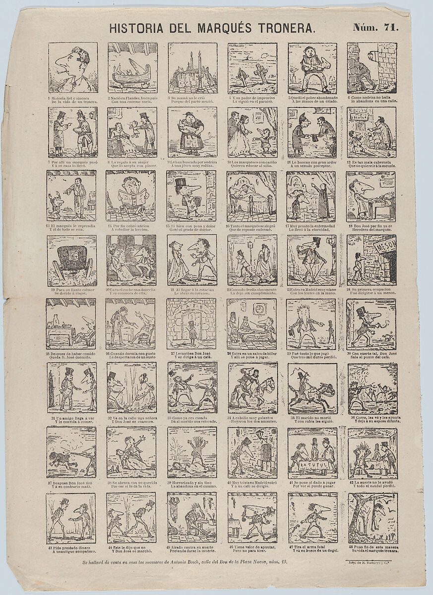 Broadside with 48 scenes relating to Marqués Tronera, Antonio Bosch (Spanish, active Barcelona, ca. 1860–1880), Etching (?photo relief) 