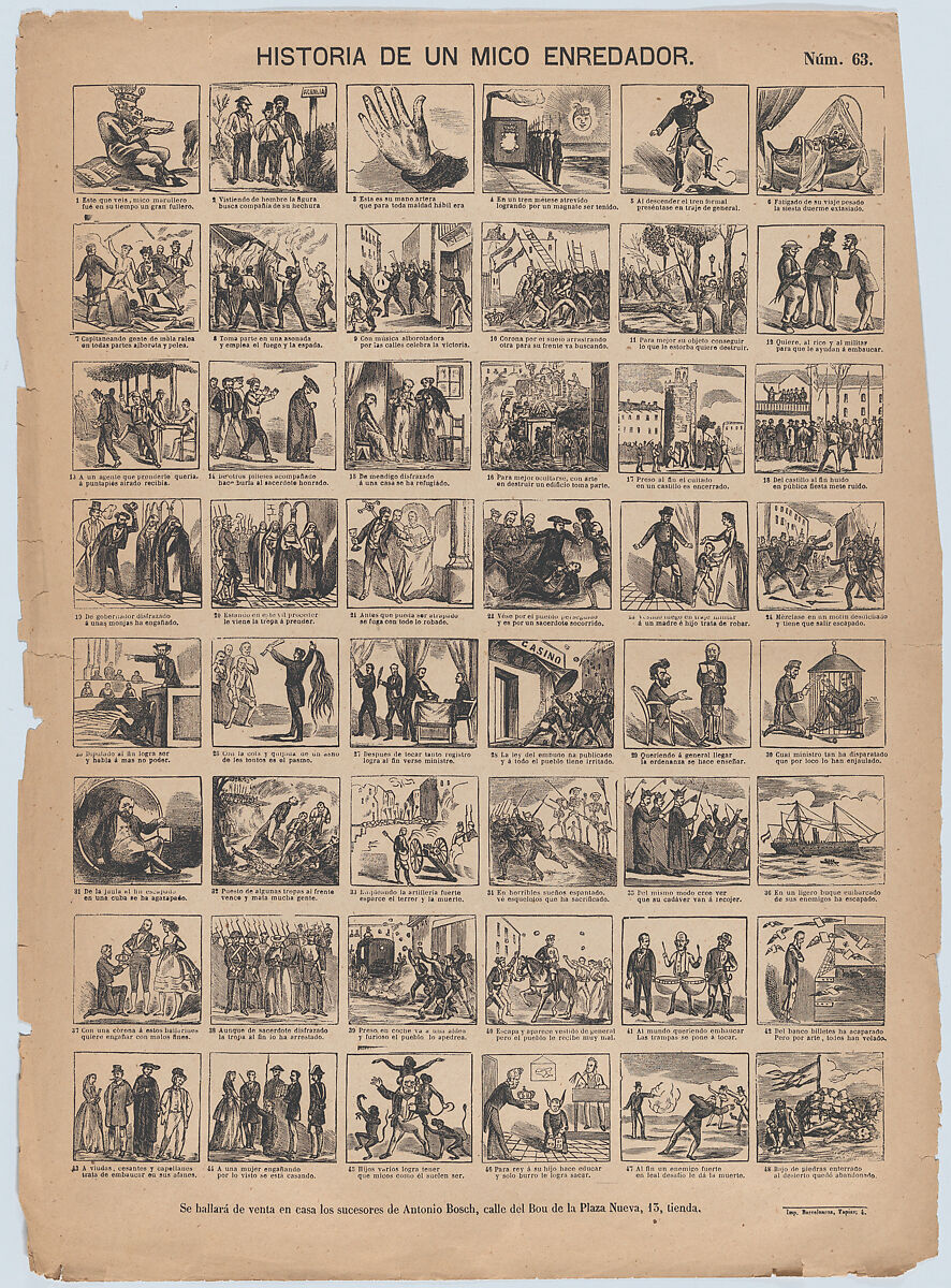Broadside with 48 scenes relating to the story of a 'mico enredador', Antonio Bosch (Spanish, active Barcelona, ca. 1860–1880), Wood engraving 
