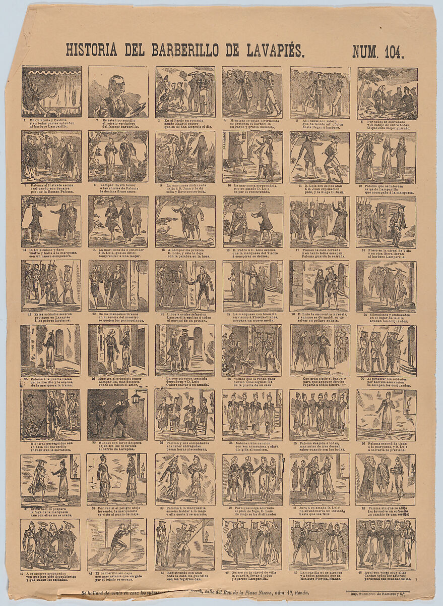 Broadside with 48 scenes relating to the zarzuela barberillo of Lavapiés, Antonio Bosch (Spanish, active Barcelona, ca. 1860–1880), Wood engraving 