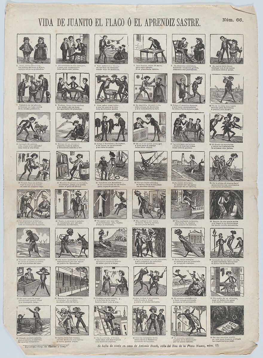 Broadside with 48 scenes relating to the life of Juanito the Skinny one, or, the apprentice tailor, Antonio Bosch (Spanish, active Barcelona, ca. 1860–1880), Wood engraving 