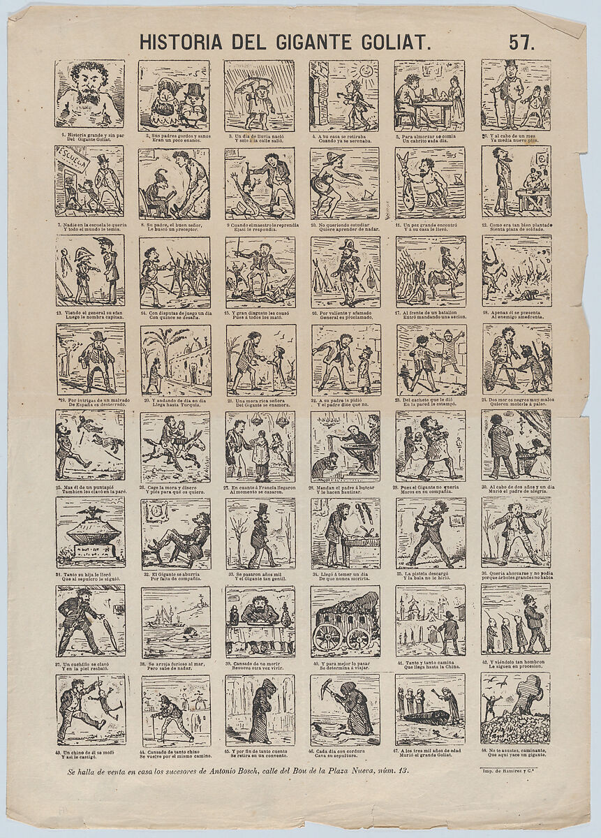 Broadside with 24 scenes relating the story of Goliath the Giant, Antonio Bosch (Spanish, active Barcelona, ca. 1860–1880), Etching (?photo relief) 