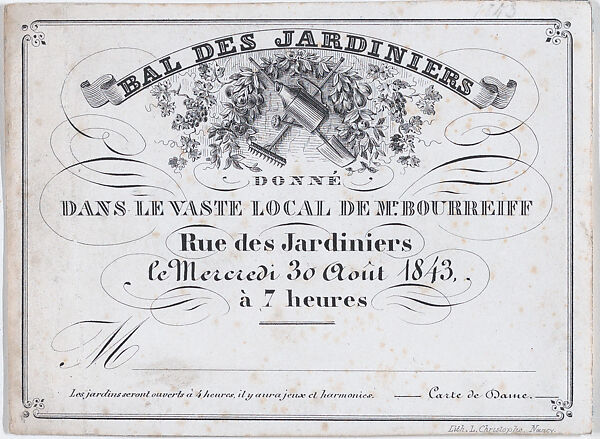 Invitation to the Gardener's Ball, August 30, 1843, L. Christophe (French, active Nancy, mid-19th century), Lithograph 