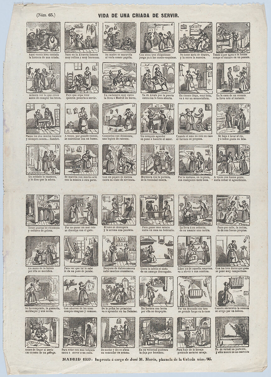 Broadside with 48 scenes depicting the life of a servant girl, José María Marés (Spanish, active ca. 1850–70), Wood engraving 