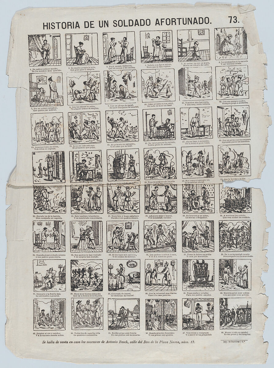 Broadside with 48 scenes relating to the life of the lucky soldier, Antonio Bosch (Spanish, active Barcelona, ca. 1860–1880), Etching (?photo relief); damaged impression 