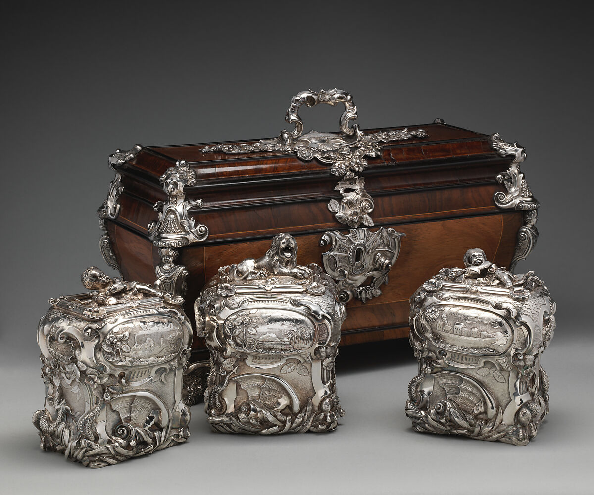 Pair of tea caddies and a sugar box in a case, Paul de Lamerie (British, 1688–1751, active 1712–51), Silver; oak, rosewood with boxwood and ebony inlay, silver mounts, British, London 