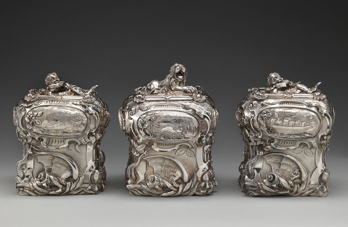 Pair of tea caddies and a sugar box in a case, Paul de Lamerie (British, 1688–1751, active 1712–51), Silver; oak, rosewood with boxwood and ebony inlay, silver mounts, British, London