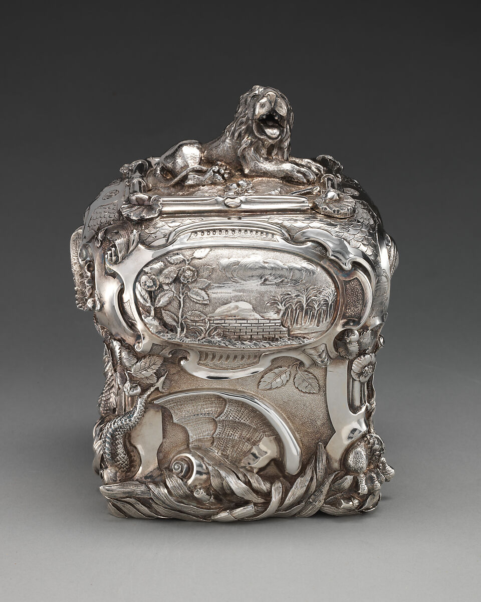 Pair of tea caddies and a sugar box in a case, Paul de Lamerie (British, 1688–1751, active 1712–51), Silver; oak, rosewood with boxwood and ebony inlay, silver mounts, British, London