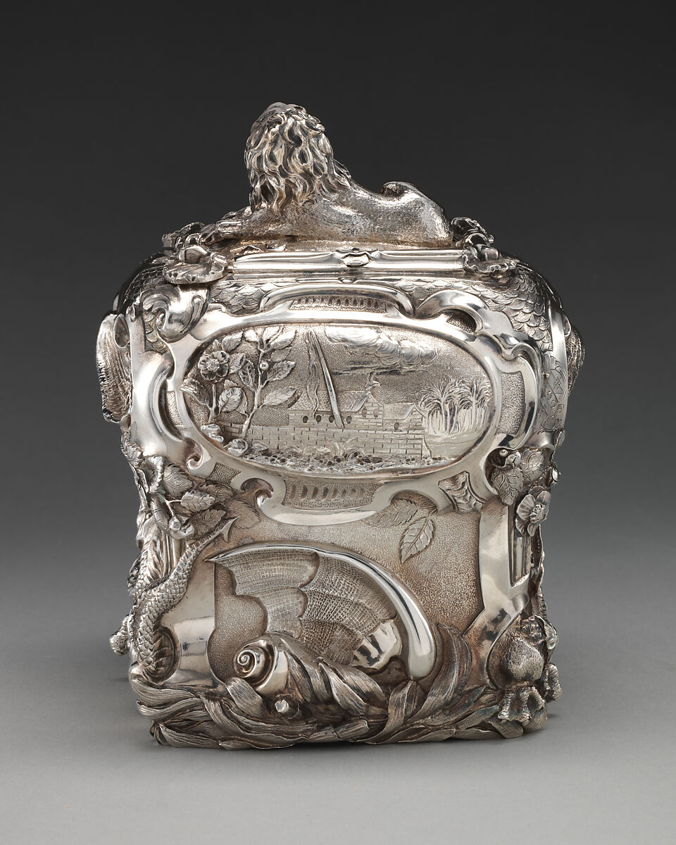 Pair of tea caddies and a sugar box in a case, Paul de Lamerie (British, 1688–1751, active 1712–51), Silver; oak, rosewood with boxwood and ebony inlay, silver mounts, British, London