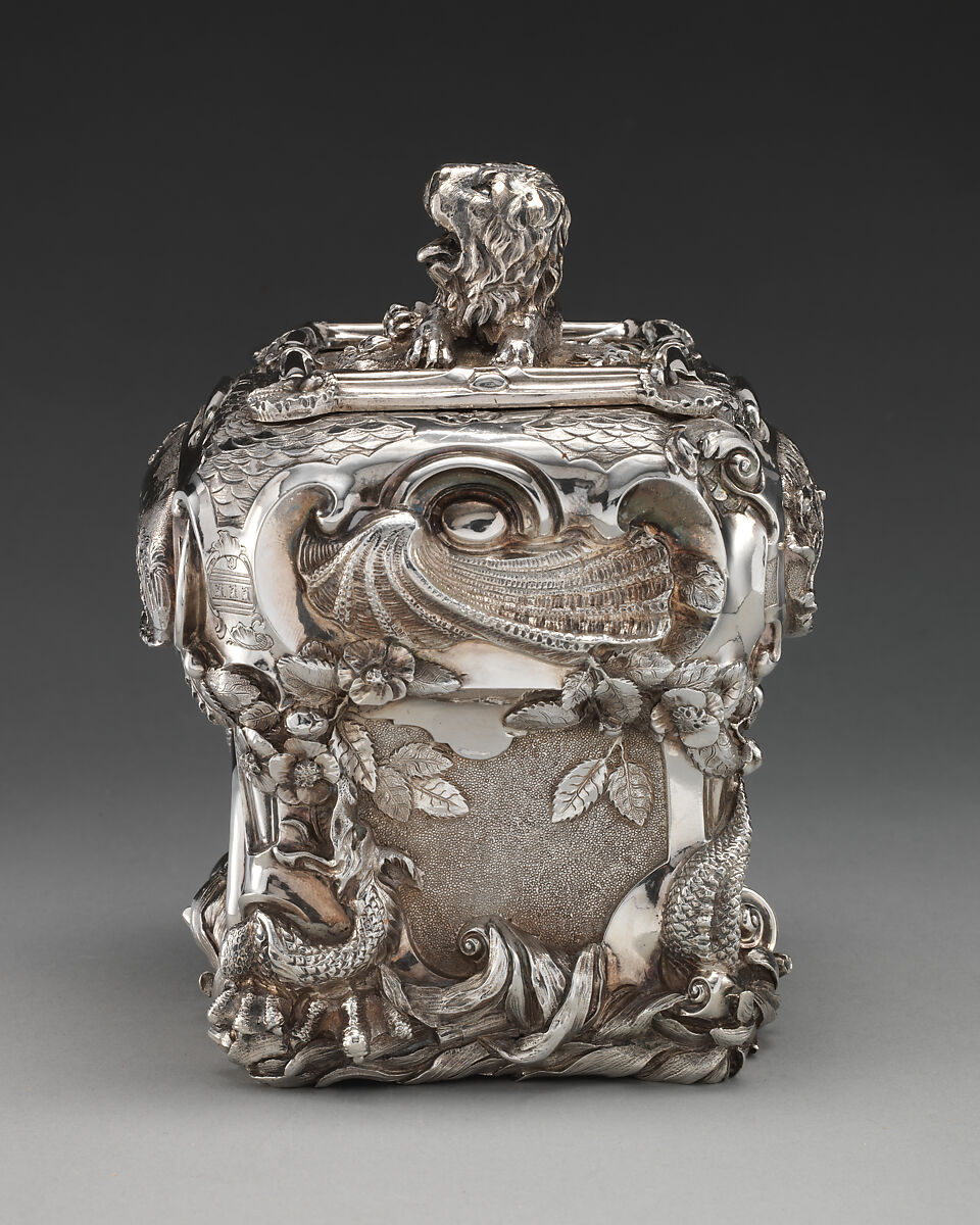 Pair of tea caddies and a sugar box in a case, Paul de Lamerie (British, 1688–1751, active 1712–51), Silver; oak, rosewood with boxwood and ebony inlay, silver mounts, British, London
