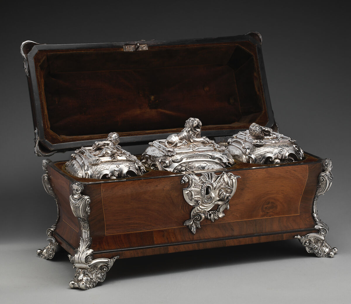 Pair of tea caddies and a sugar box in a case, Paul de Lamerie (British, 1688–1751, active 1712–51), Silver; oak, rosewood with boxwood and ebony inlay, silver mounts, British, London