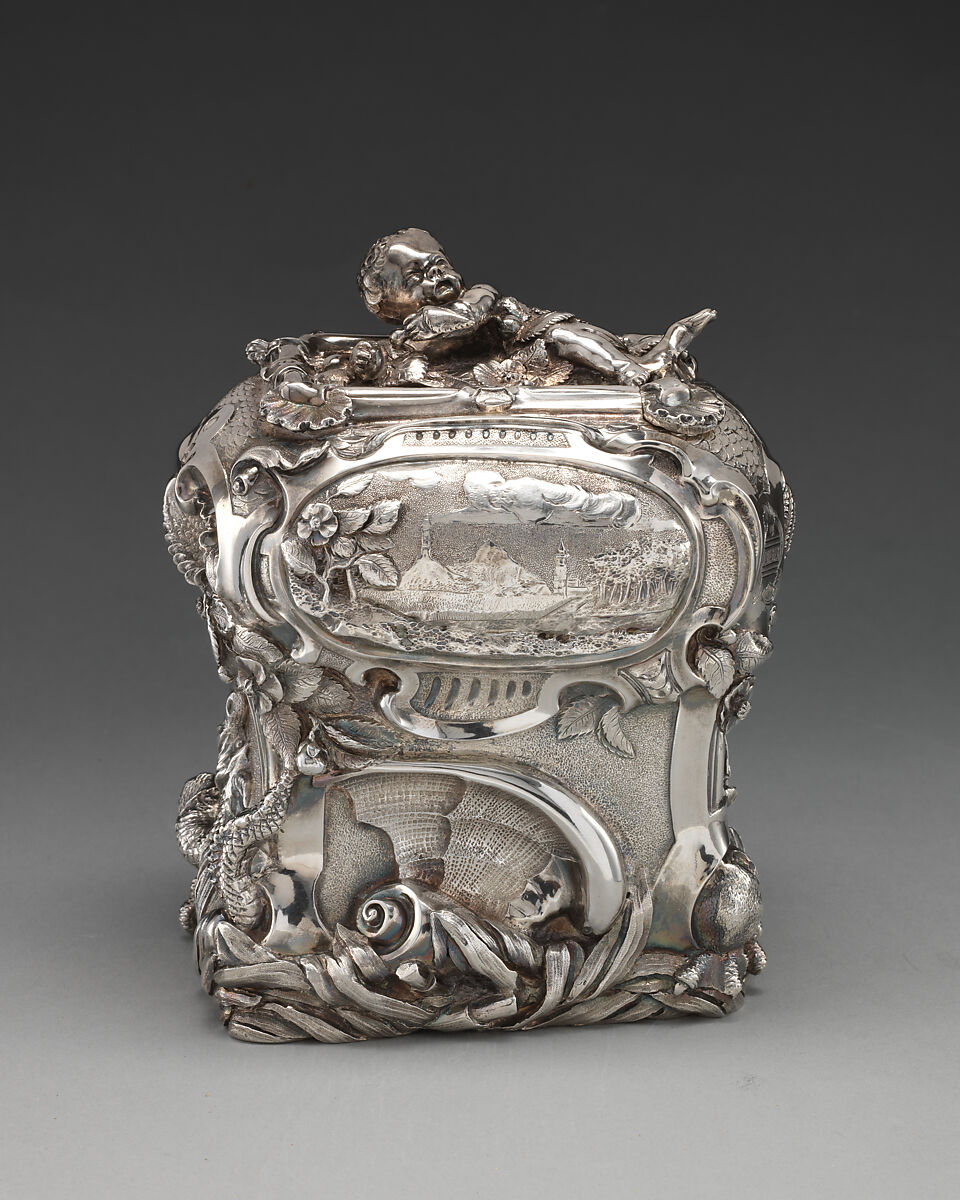 Pair of tea caddies and a sugar box in a case, Paul de Lamerie (British, 1688–1751, active 1712–51), Silver; oak, rosewood with boxwood and ebony inlay, silver mounts, British, London