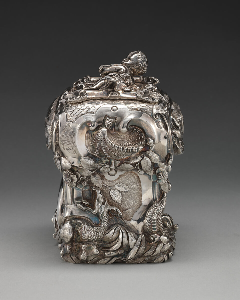 Pair of tea caddies and a sugar box in a case, Paul de Lamerie (British, 1688–1751, active 1712–51), Silver; oak, rosewood with boxwood and ebony inlay, silver mounts, British, London