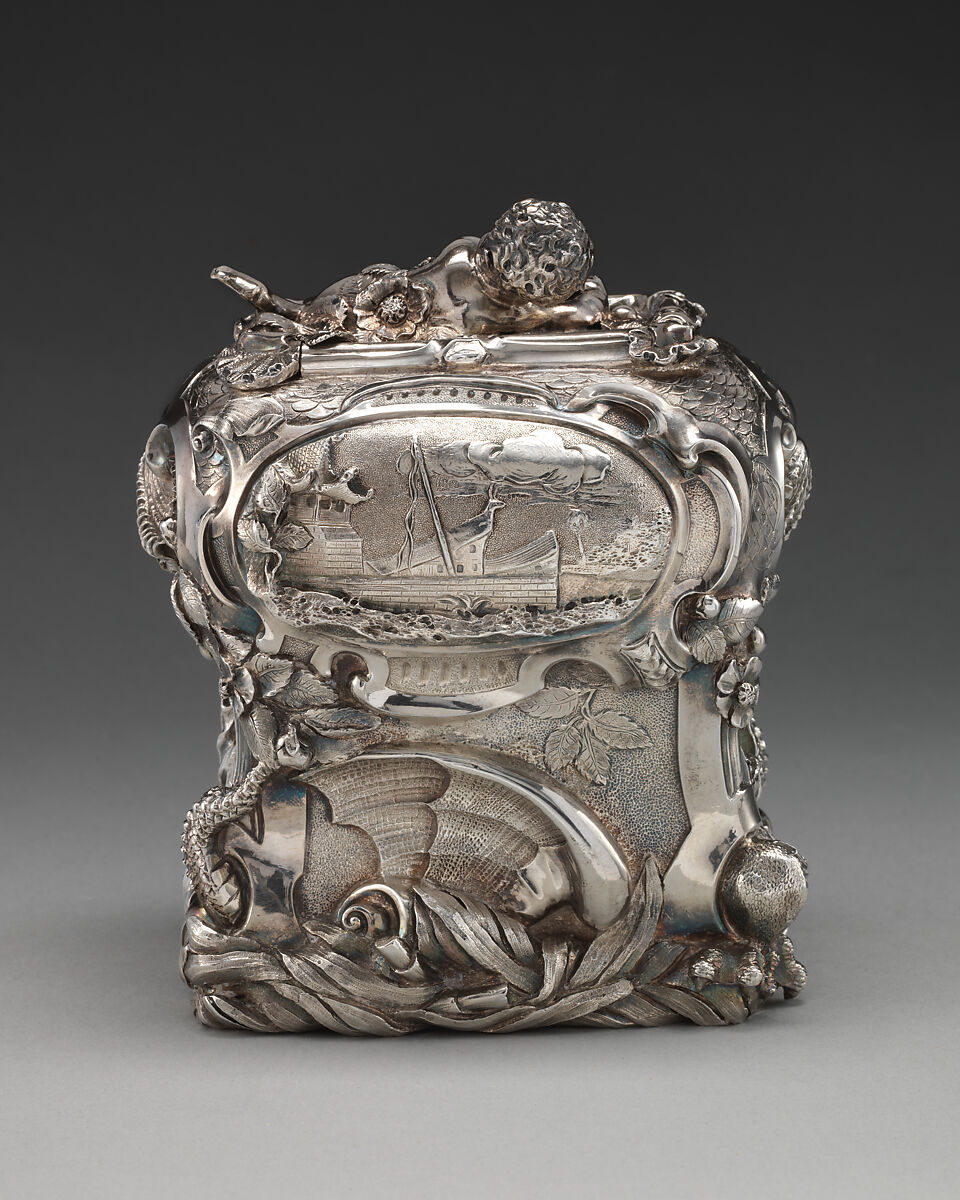 Pair of tea caddies and a sugar box in a case, Paul de Lamerie (British, 1688–1751, active 1712–51), Silver; oak, rosewood with boxwood and ebony inlay, silver mounts, British, London