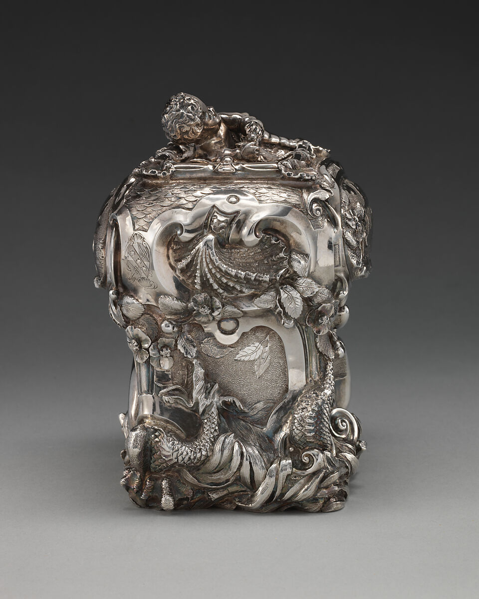 Pair of tea caddies and a sugar box in a case, Paul de Lamerie (British, 1688–1751, active 1712–51), Silver; oak, rosewood with boxwood and ebony inlay, silver mounts, British, London