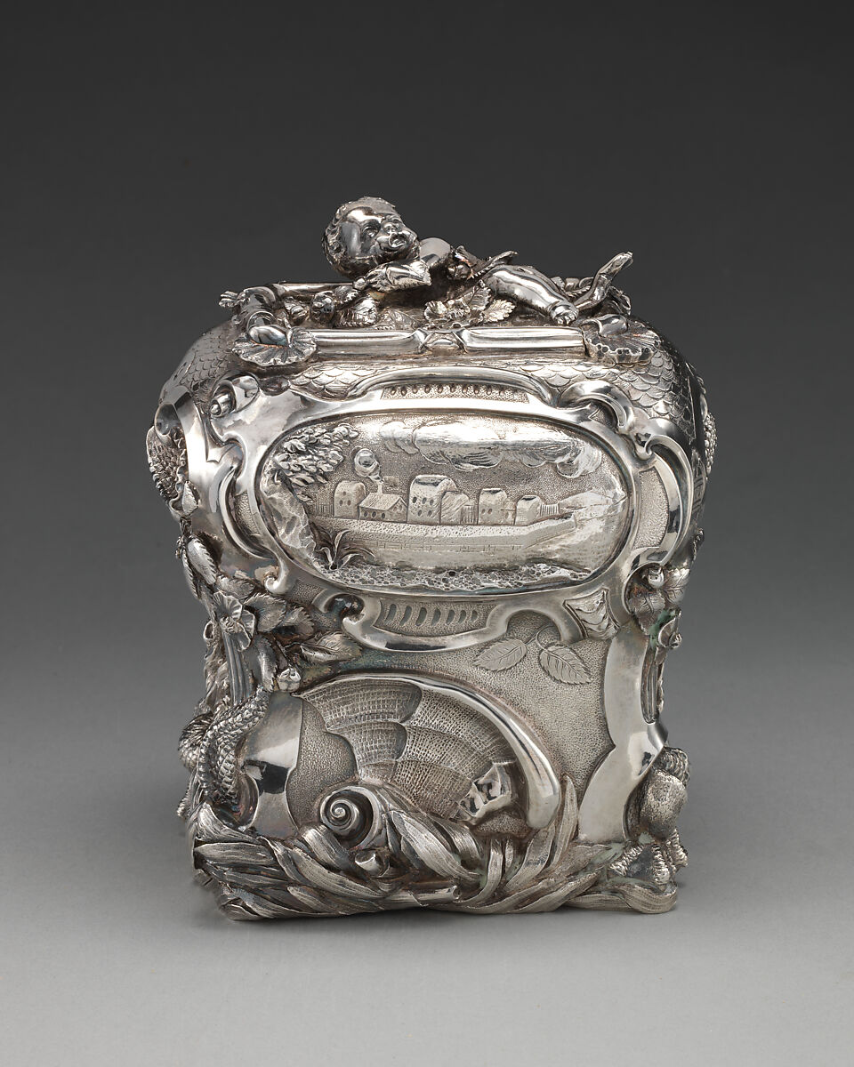 Pair of tea caddies and a sugar box in a case, Paul de Lamerie (British, 1688–1751, active 1712–51), Silver; oak, rosewood with boxwood and ebony inlay, silver mounts, British, London